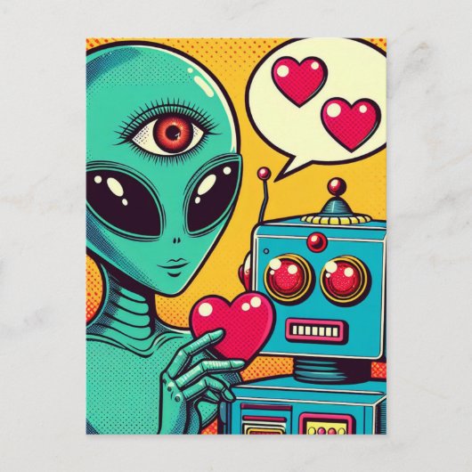 Alien en Robot in Love Retro Comic Briefkaart (Voorkant)