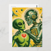 Alien en Robot Retro Liefde Briefkaart (Voorkant / Achterkant)