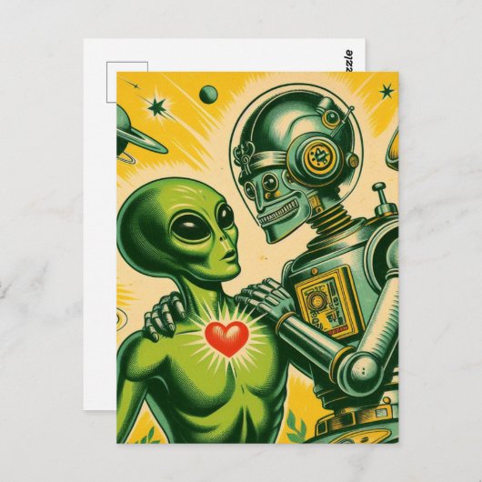 Alien en Robot Retro Liefde Briefkaart (Voorkant / Achterkant)