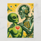 Alien en Robot Retro Liefde Briefkaart (Voorkant)