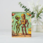 Alien en Robot Retro Liefde Briefkaart (Staand voorkant)