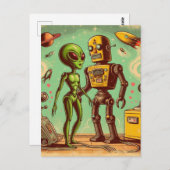 Alien en Robot Retro Liefde Briefkaart (Voorkant / Achterkant)