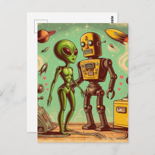 Alien en Robot Retro Liefde Briefkaart (Voorkant / Achterkant)