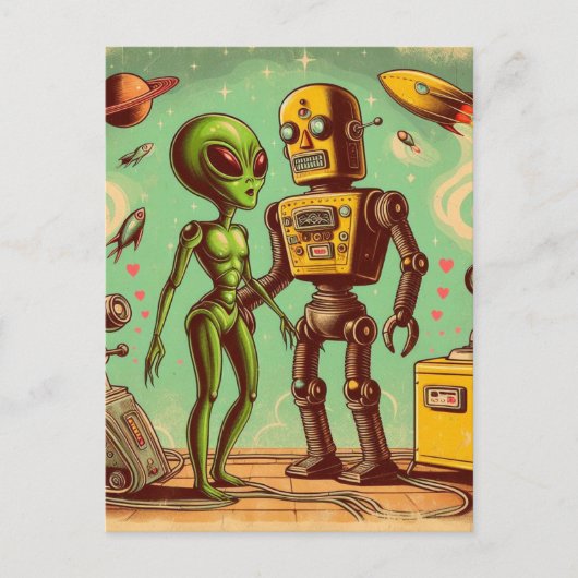 Alien en Robot Retro Liefde Briefkaart (Voorkant)