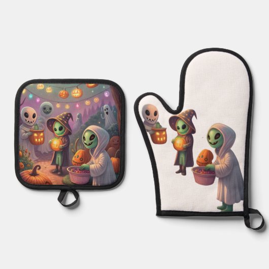 Alien Feest | Rare Sci-Fi Kerst Kunst Ovenwant & Pannenlap Set (Voorkant)