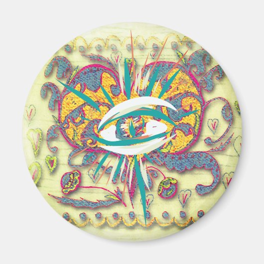 Alien Folk Art Heart met oog, bladeren, bloemen Magneet (Voorkant)