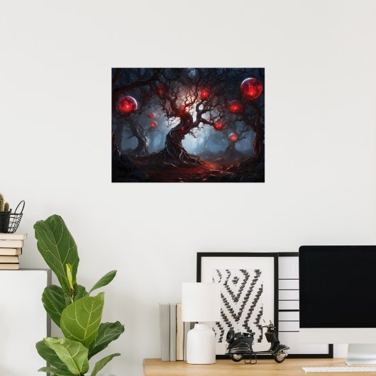 Alien Forest, Twisted Trees, Glowing Red Orbs Poster (Thuiskantoor)