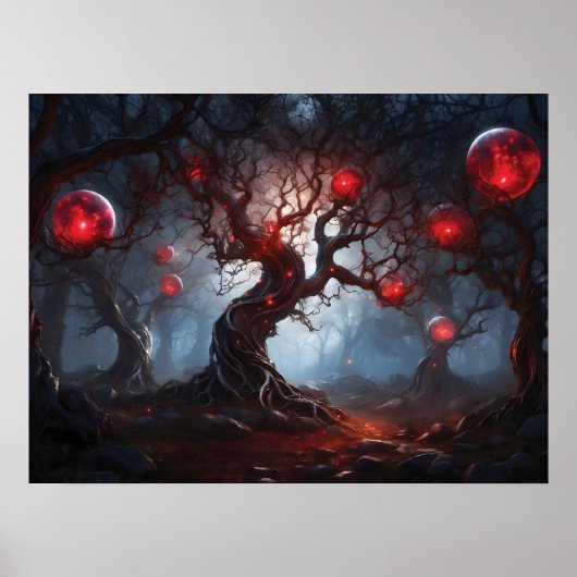 Alien Forest, Twisted Trees, Glowing Red Orbs Poster (Voorkant)