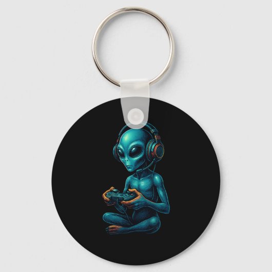 Alien Gaming met Hoofdtelefoon Grappige Video Game Sleutelhanger (Voorkant)