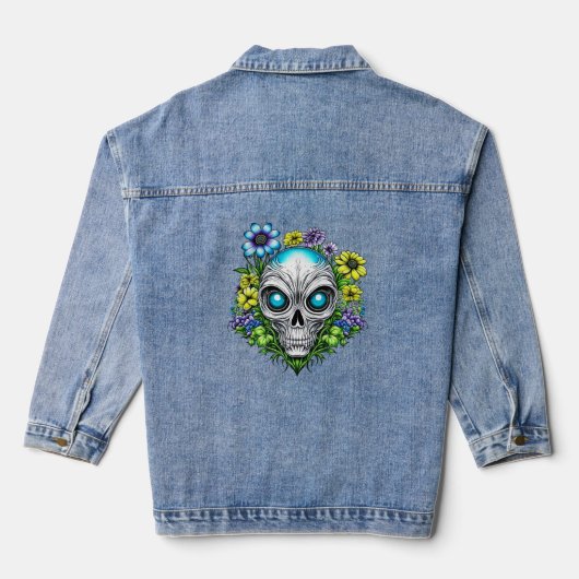 Alien Gezicht en Bloemen Ai Art Denim Jacket (Achterkant)