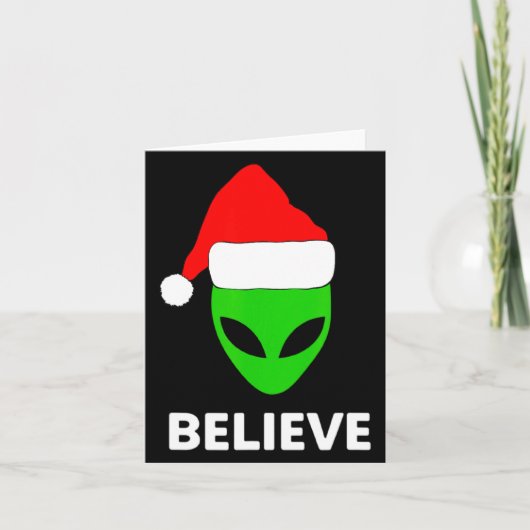 Alien Green Face Christmas Santa Hat Believe  Kaart (Voorkant)