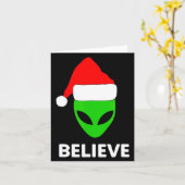 Alien Green Face Christmas Santa Hat Believe  Kaart (Gele Bloem)