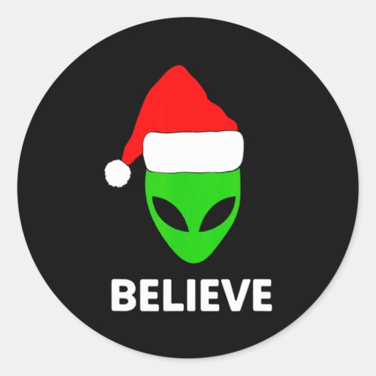 Alien Green Face Christmas Santa Hat Believe  Ronde Sticker (Voorkant)
