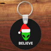 Alien Green Face Christmas Santa Hat Believe  Sleutelhanger (Voorkant)