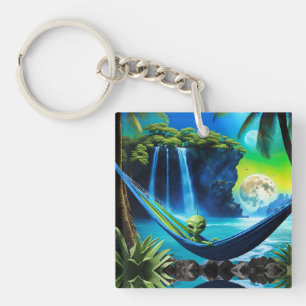 Alien hangmat op strand vakantie sleutelhanger