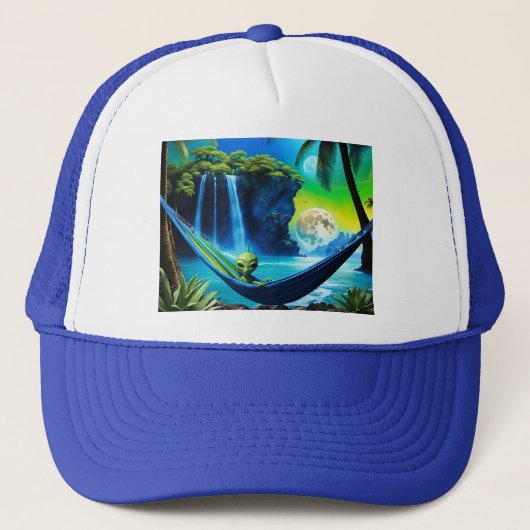 Alien hangmat op strand vakantie trucker pet (Voorkant)