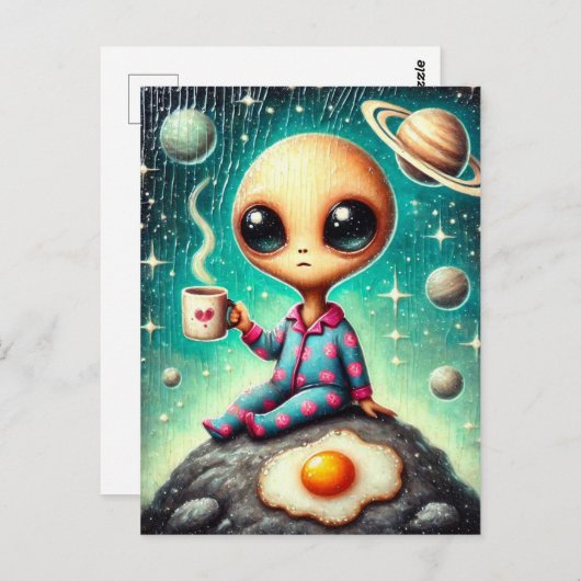Alien in blauwe en roze PJ's met een koffie en ei Briefkaart (Voorkant / Achterkant)