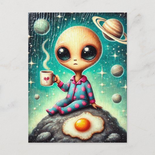 Alien in blauwe en roze PJ's met een koffie en ei Briefkaart (Voorkant)