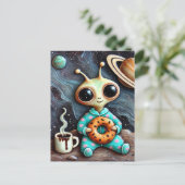 Alien in blauwe PJ's met een koffie en bagel Briefkaart (Staand voorkant)