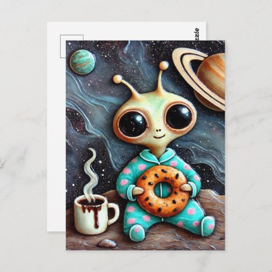 Alien in blauwe PJ's met een koffie en bagel Briefkaart (Voorkant / Achterkant)