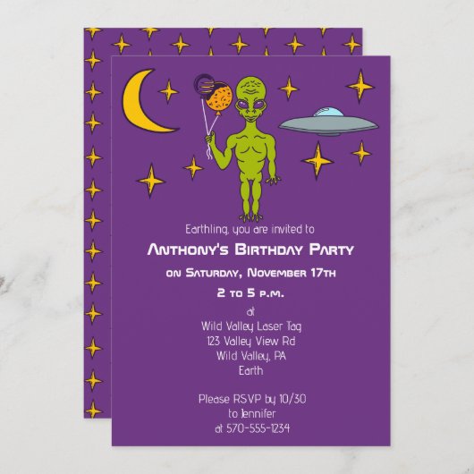 Alien in de ruimte met planetballonnen op zaterdag kaart (Voorkant / Achterkant)