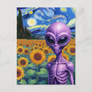 Alien in een Faux Van Gogh Zonnebloemenveld Briefkaart