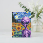 Alien in een Faux Van Gogh Zonnebloemenveld Briefkaart (Staand voorkant)