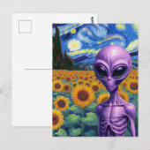 Alien in een Faux Van Gogh Zonnebloemenveld Briefkaart (Voorkant / Achterkant)