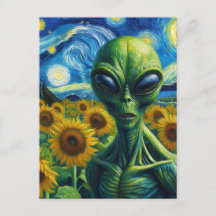 Alien in een Faux Van Gogh Zonnebloemenveld
