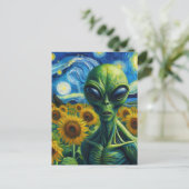 Alien in een Faux Van Gogh Zonnebloemenveld Briefkaart (Staand voorkant)