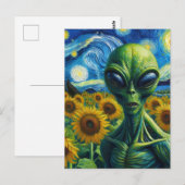 Alien in een Faux Van Gogh Zonnebloemenveld Briefkaart (Voorkant / Achterkant)