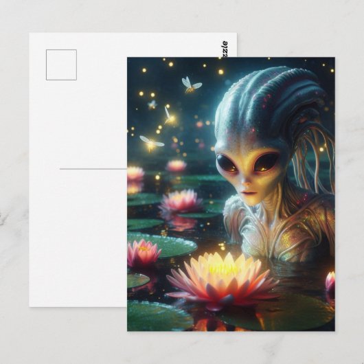 Alien in een gloeiende zomervijver met roze bloeme briefkaart (Voorkant / Achterkant)