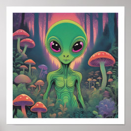 Alien in een paddenstoelenbos poster