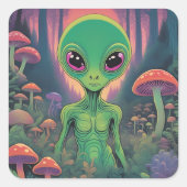 Alien in een paddenstoelenbos vierkante sticker (Voorkant)
