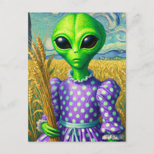 Alien in een Polka Dot Jurk in Tarweveld Briefkaart