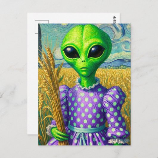 Alien in een Polka Dot Jurk in Tarweveld Briefkaart (Voorkant / Achterkant)