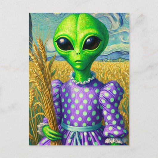 Alien in een Polka Dot Jurk in Tarweveld Briefkaart (Voorkant)