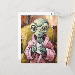 Alien in een roze jurk met koffie briefkaart