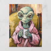 Alien in een roze jurk met koffie briefkaart (Voorkant)