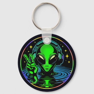 Alien in hoofdtelefoon geven Peace Sign gepersonal Sleutelhanger