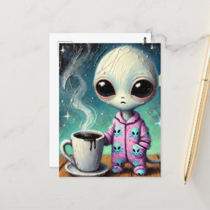Alien in PJ's met een Koffie Briefkaart