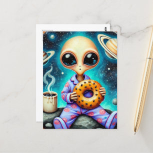 Alien in PJ's met een koffie en bagel Briefkaart