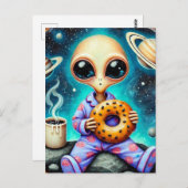 Alien in PJ's met een koffie en bagel Briefkaart (Voorkant / Achterkant)