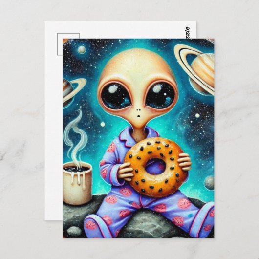 Alien in PJ's met een koffie en bagel Briefkaart (Voorkant / Achterkant)