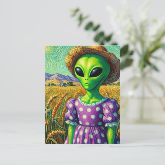 Alien in Polka Dot Dress en Straw Pet Tarweveld Briefkaart (Staand voorkant)