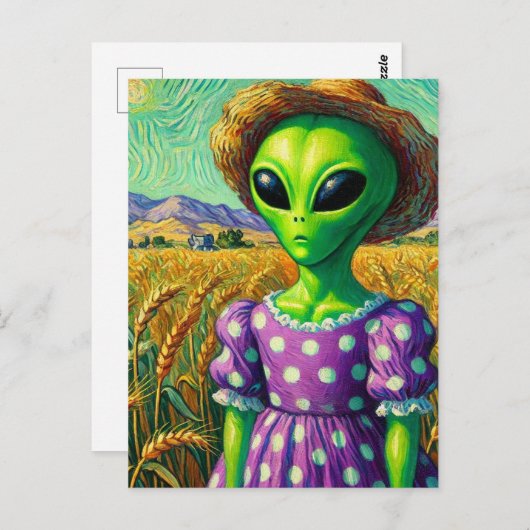 Alien in Polka Dot Dress en Straw Pet Tarweveld Briefkaart (Voorkant / Achterkant)