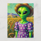 Alien in Polka Dot Dress en Straw Pet Tarweveld Briefkaart (Voorkant)