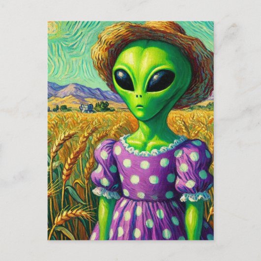 Alien in Polka Dot Dress en Straw Pet Tarweveld Briefkaart (Voorkant)