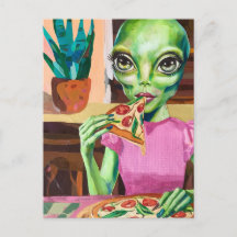 Alien in roze pizza eten