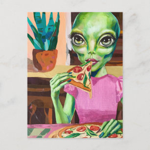 Alien in roze pizza eten briefkaart